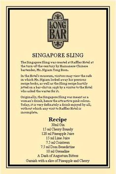 the label for long bar singapore sling recipe