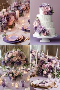 wedding cake, flowers and candles are arranged in four different pictures on the same table