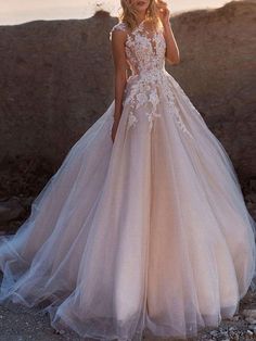 wedding dresses 2021 princess silhouette jewel neck sleeveless natural waist lace soft pink tulle bridal gowns Formal Wedding Dresses, Jeweled Wedding Dress, Boho Bridal Gowns, Wedding Dress Champagne, Pink Wedding Dresses, Lace Bridal Gown, Formal Dresses For Weddings, Princess Wedding Dresses, Lace Bridal