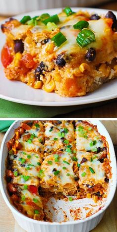 two pictures of different types of lasagna casserole with cheese and vegetables