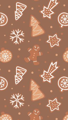 gingerbreads and christmas decorations on a brown background with white outline, seamless