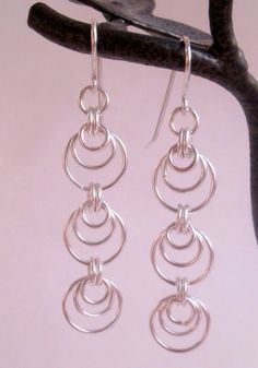 a pair of silver earrings sitting on top of a wooden branch next to a tweep