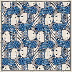 a blue and white pattern with fish in the center, on a beige background that is bordered by black lines