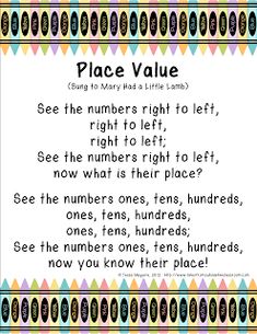 the place value poem is shown with numbers and letters on it, as well as other words