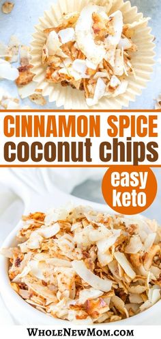 cinnamon spice coconut chips in a white bowl