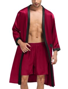 PRICES MAY VARY. PREMIUM FABRIC: Our soft men's kimono robe sets are made of high-quality imitation silk fabric for exceptional comfort and a luxurious finish, lightweight, soft, breathable, smooth, and skin-friendly KIMONO BATHROBE WITH SHORTS: Men's Kimono bathrobe set featuring 3/4 sleeves, Japanese kimono style, open front, adjustable/removable belt and inside ties for free adjustment, matching shorts with soft elastic waist, easily put on and take off PERFECT CHOICE FOR YOU: SWOMOG nicely t Satin Bathrobe, Silk Bathrobe, Spa Hot Tub, Hotel Vacation, Male Kimono, Long Sleeve Kimono, Hooded Robe, Outfits Dress, Satin Kimono