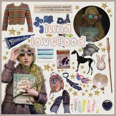 there is a collage of items from the book lunaa lovegool, including clothing and accessories