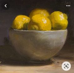 a painting of lemons in a white bowl