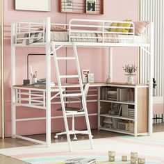 a white bunk bed sitting next to a pink wall