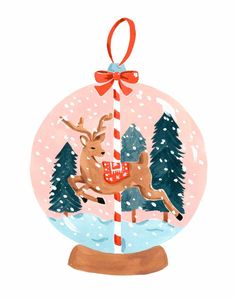 a christmas ornament with a reindeer on it and a candy cane in the snow