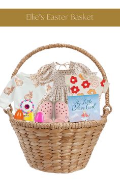 a basket filled with books and slippers on top of a white background text reads, ellen's easter basket