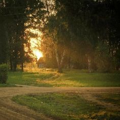 the sun is setting behind some trees in an area with dirt roads and green grass