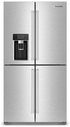 a stainless steel refrigerator freezer with water dispenser on the front and bottom