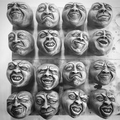 many different faces are shown in black and white