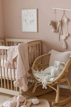 a baby's room with a rocking chair and crib