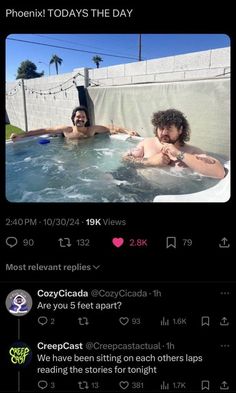 two people in a hot tub with the caption that reads, phenix todays the day