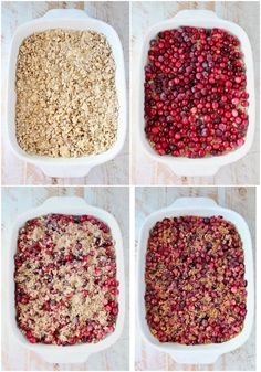 four different types of granola in white dishes