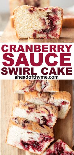 cranberry sauce swirl cake is cut in half and stacked on a cutting board