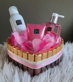 a basket filled with personal care items on top of a white furnishing area