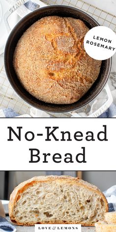 no - knead bread in a skillet with the words lemon rosemary on it