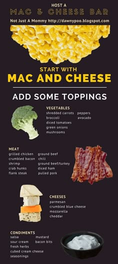 an advertisement for mac and cheese with different toppings