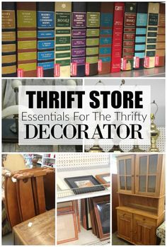 thrift store essentials for the thrift decorator, including books and furniture