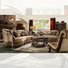 a living room filled with lots of furniture in it's centerpiece and windows