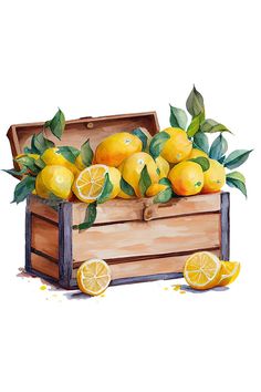 a painting of lemons in a wooden box