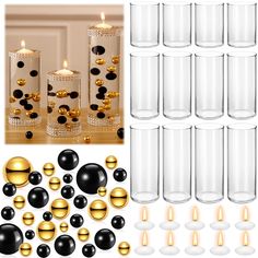 a set of twelve candles with black and gold balls on them next to each other