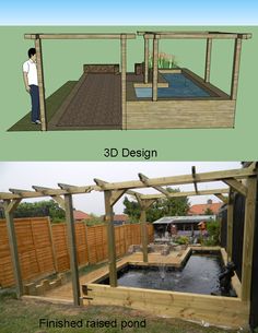 two views of a small backyard with a pool and pergolated decking area