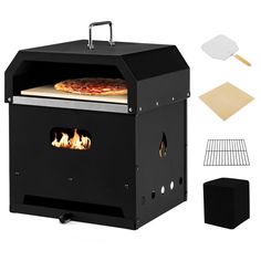 an outdoor pizza oven is shown with the accessories needed to make it look like it's on fire