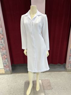 White tailored A-Line collared dress. 2 hidden pockets .  Full zipper closure Long Sleeve Workwear Dress With Zipper Closure, Long Sleeve Dresses With Zipper For Work, Long Workwear Dresses With Pockets, Long Sleeve Dresses For Work With Zipper Closure, Long Dresses With Pockets For Work, White Nurse Dress, Nurse Dress, Nurse Uniforms, Nursing Mother