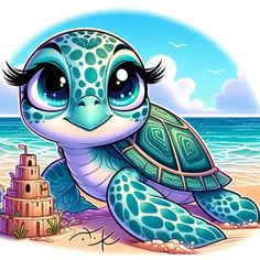 a cartoon turtle on the beach with sand castle in front of it's face