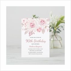 a birthday card with pink flowers and greenery