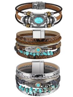 PRICES MAY VARY. Items Sent to You: the package contains 3 pieces of western bracelets for women for you, available in 3 different styles, classic and enough to support your wear, replace and share needs Reliable and Long Lasting: adopting quality alloy, turquoise and artificial leather, our leather cuff bracelet for women is friendly to skin, gentle but sturdy, less prone to fade, deform or break Delicate in Appearance: featuring vintage colors, this leather bracelet can add a touch of elegance Handmade Turquoise Western Cuff Bracelet, Turquoise Bohemian Leather Bracelet, Southwestern Turquoise Cuff Bracelet, Bohemian Turquoise Leather Cuff Bracelet, Unique Turquoise Leather Cuff Bracelet, Western Bracelets, Turquoise Leather, Bohemian Bracelets, Southwestern Jewelry