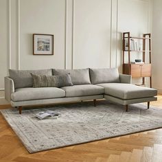 Burrard Walnut & Seasalt Gray Fabric Right Chaise Sectional | Article Modern Grey Sofa, Mid Century Modern Sectional, Contemporary Mid Century, Grey Couches, Grey Sectional, Contemporary Mid Century Modern, Apartment Decor Inspiration, Living Room Spaces, Gray Sofa