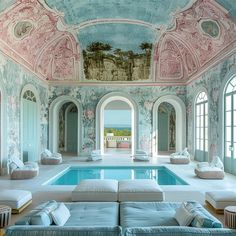 an indoor swimming pool in the middle of a living room with couches and chairs