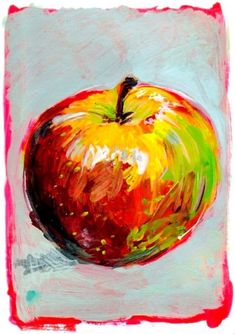 an apple painted in bright colors on a white background