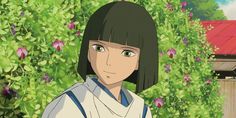 an anime character is standing in front of some bushes and flowers with her eyes closed