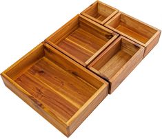 three wooden trays sitting on top of each other in the shape of four sections