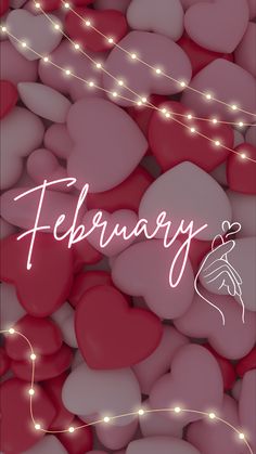 valentine's day card with hearts and the words february written in white on it