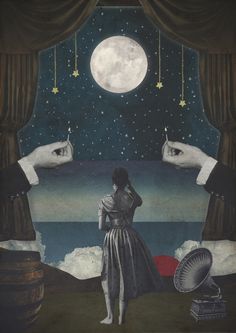 a painting of a woman looking at the moon