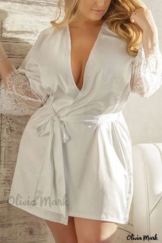 Olivia Mark - Elegant Black Solid Plus Size Pajamas with Fashionable V-Neck and Three-Quarter Regular Sleeves Plus Size Pyjamas, Kimono Pajamas, Solid Color Outfits, Satin Sleepwear, Plus Size Pajamas, Night Dress For Women, Lace Silk, Nightwear Women, Nightgowns For Women