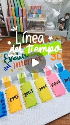 an open notebook with colorful sticky notes on it and the words'linea del tempasso'written in spanish