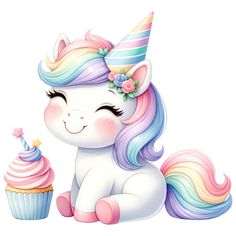 a cute little unicorn sitting next to a cupcake