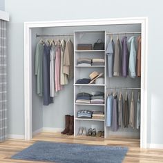 an open closet with clothes and shoes on shelves next to a blue carpeted floor