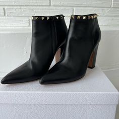 Fashionable Black Leather Heeled Booties By Valentino. Worn Three Times With Very Minor Scuffs. Four Inch Heels, Pointed Toe. Comes With Dust Bag. Valentino Shoes, Black Leather Heels, Leather Ankle Boots, Valentino Garavani, Bootie Boots, Ankle Boots, Dust Bag, Black Leather, Women Shoes