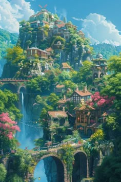 an image of a mountain town with trees and buildings on it's sides, surrounded by lush green foliage