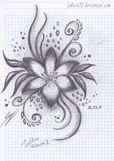 a pencil drawing of a flower with swirls and leaves on it's side