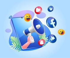 a hand holding a megaphone surrounded by social media icons and emoticions on a blue background